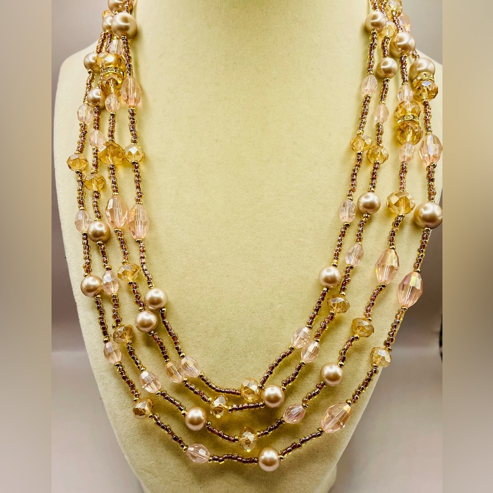 Elegant Pink and Brown Crystal beads multi strand Necklace with Pearls. 40 inch
